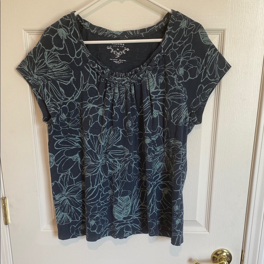Sonoma Navy Blue and Teal Graphic Relaxed Blouse